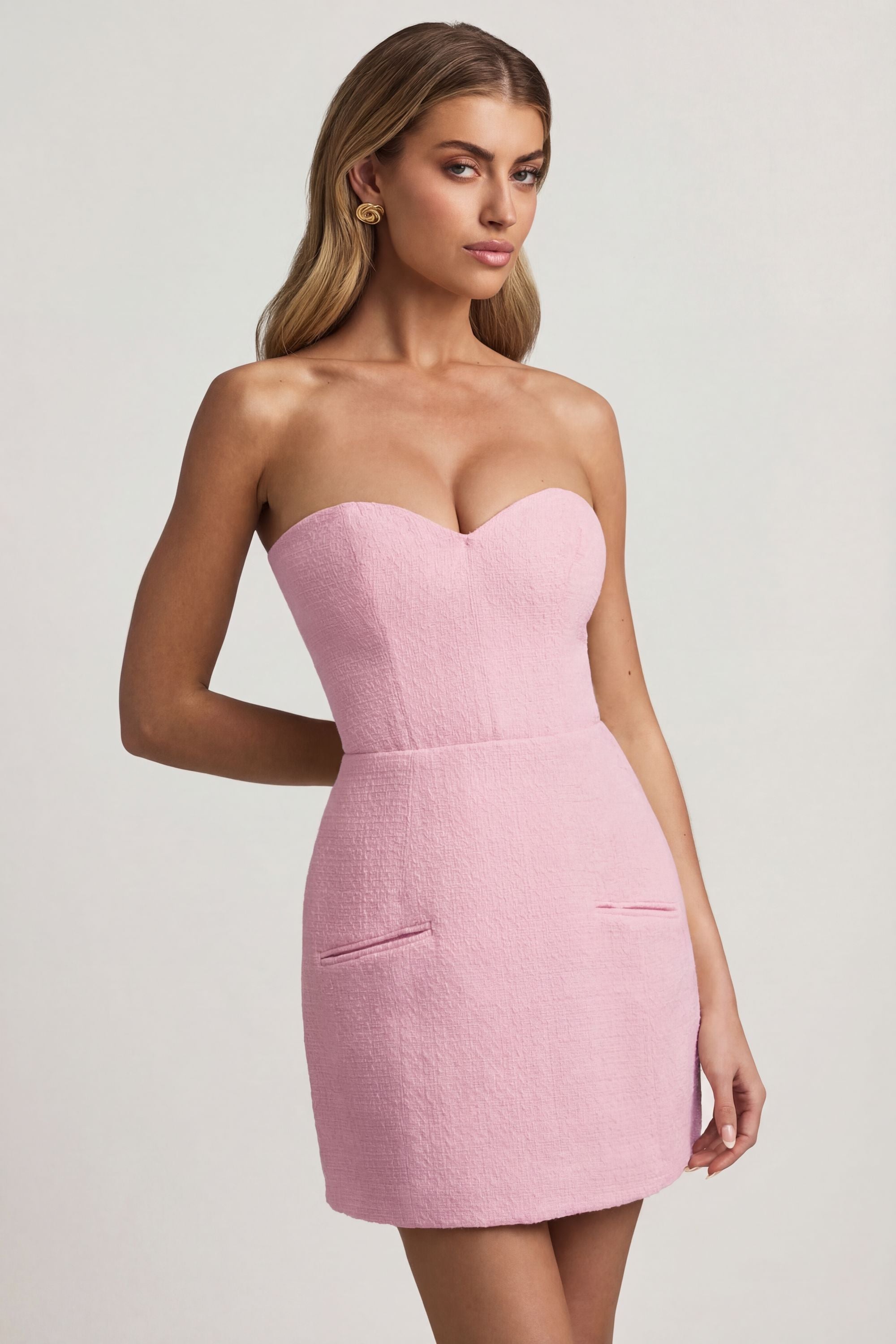 Sweetheart-Neck Strapless Structured Mini Dress in Soft Pink