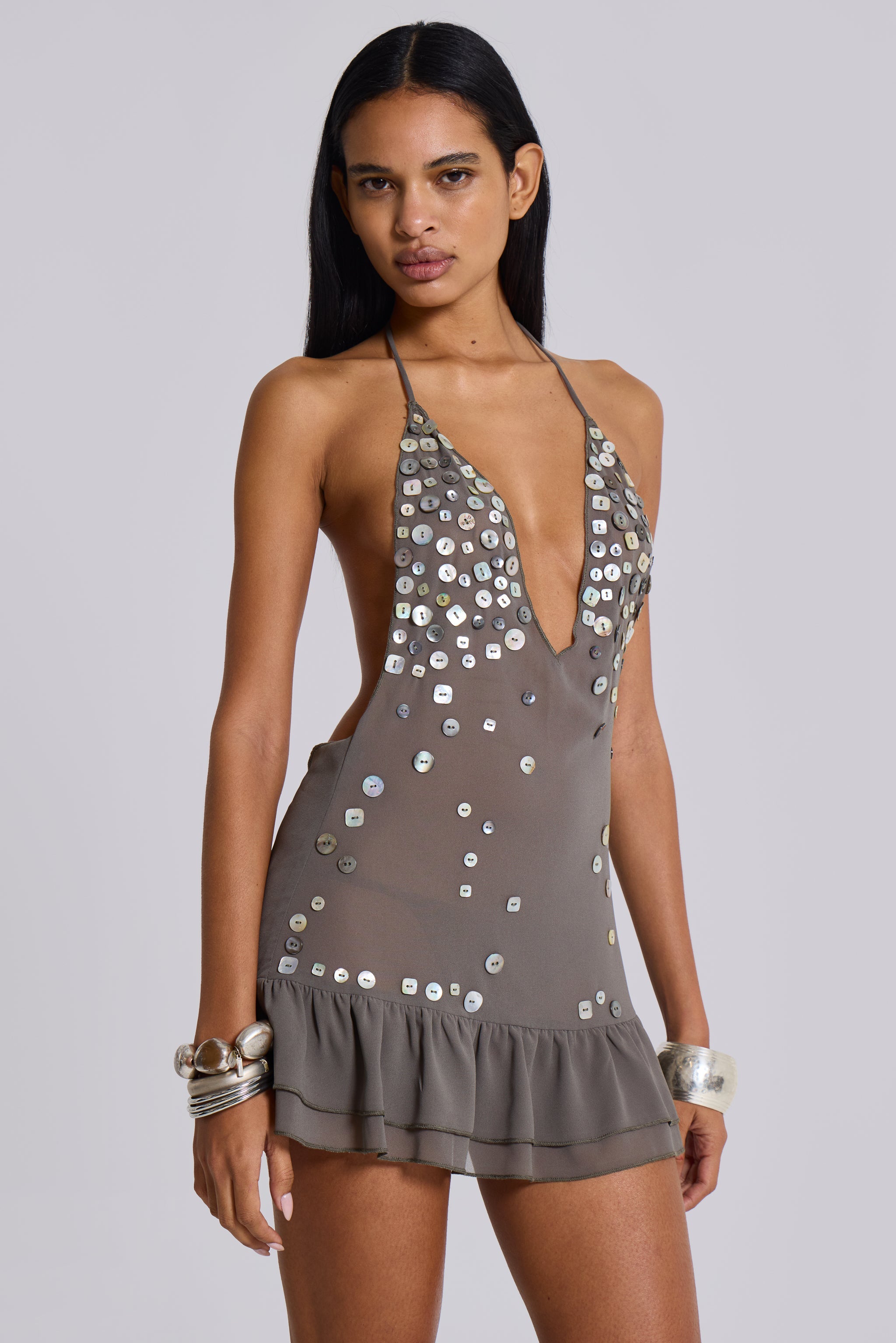 Button Me Up Mini Dress in Grey