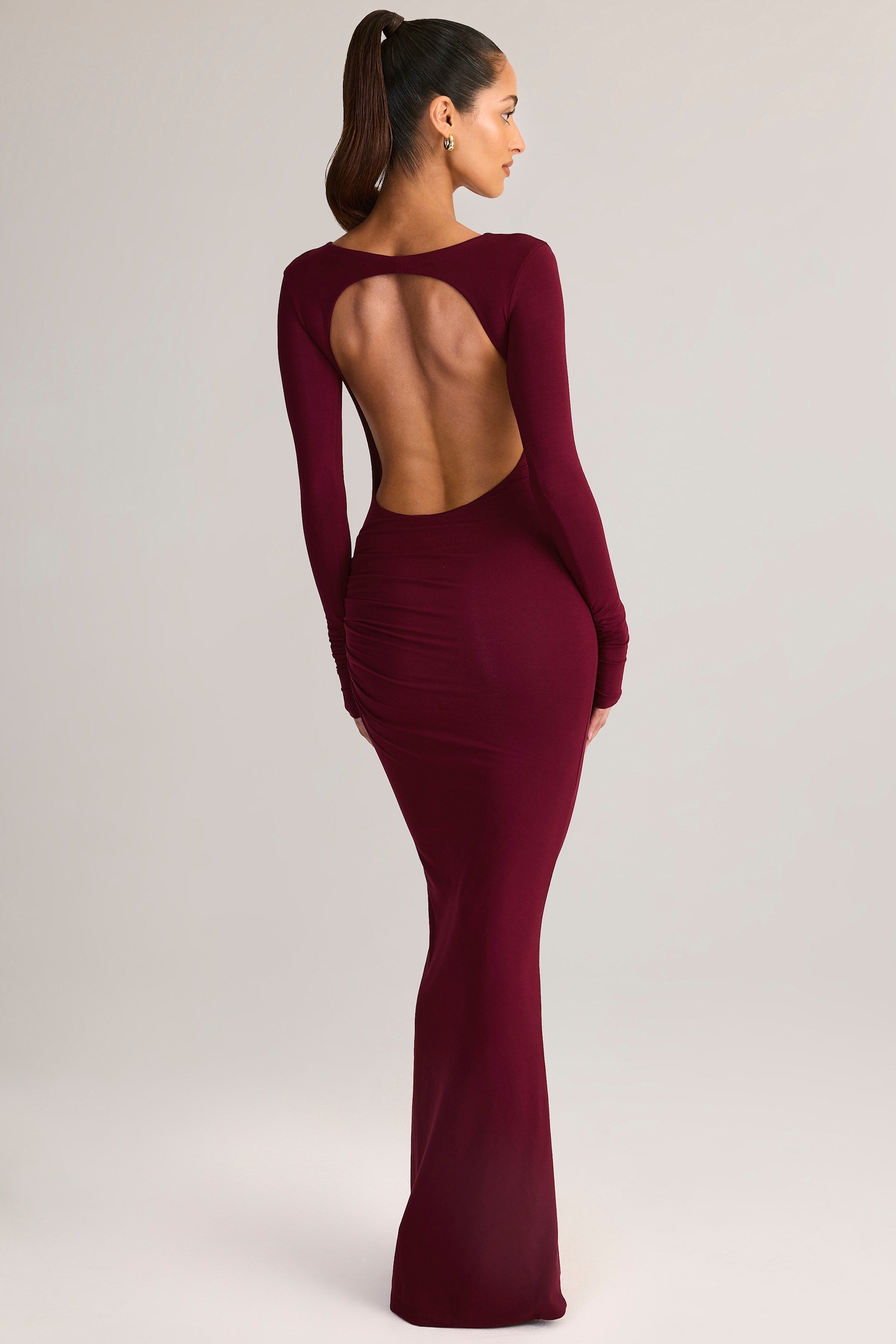 Modal Ruched Backless Maxi Dress in Wine