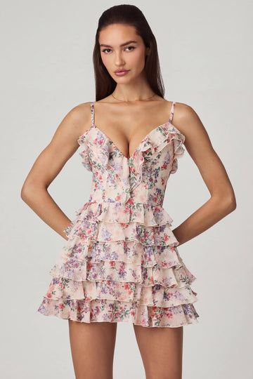 Ruffled Lace-Up A-Line Mini Dress in Primrose Floral Print