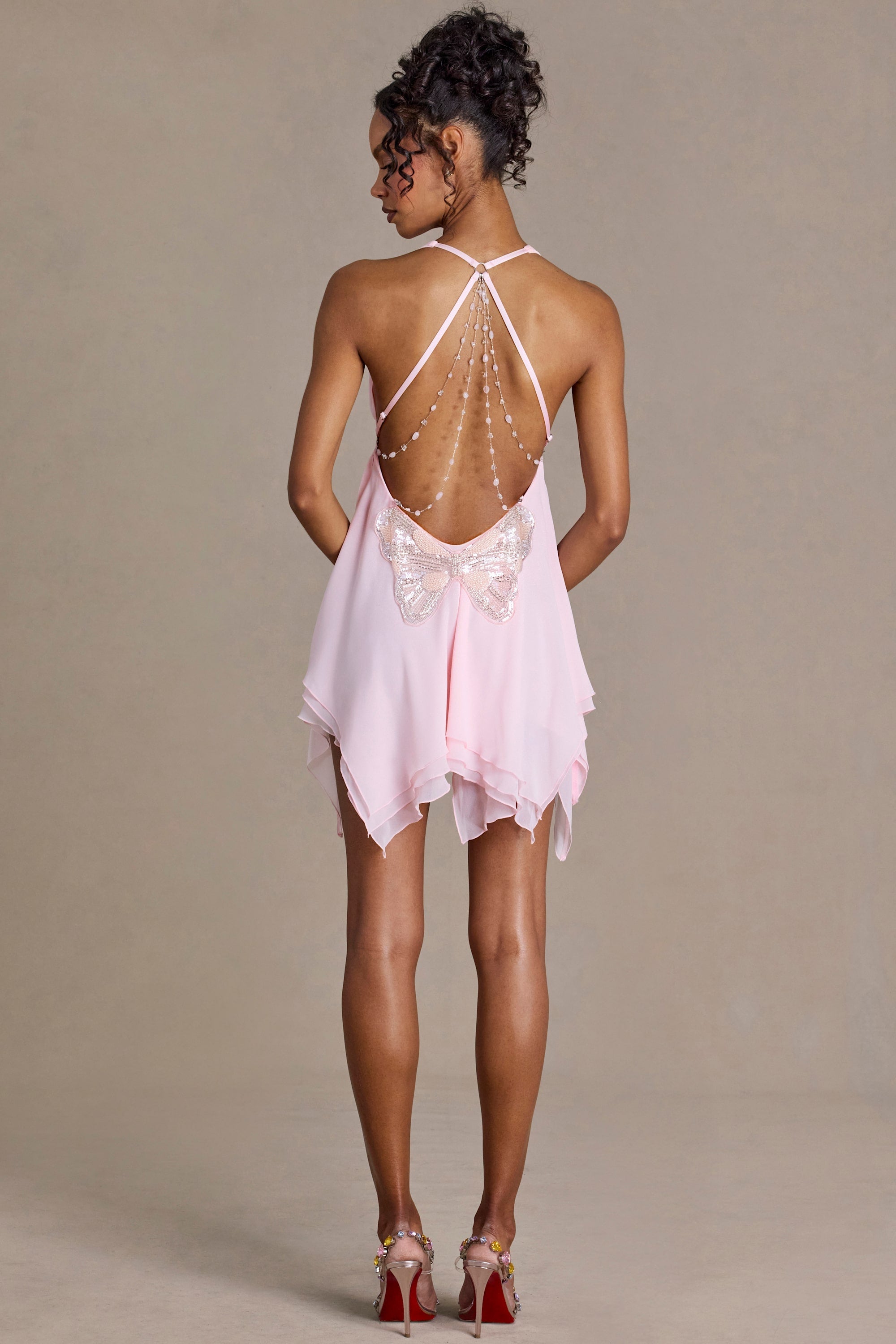 Chiffon Plunge-Neck Open-Back Mini Dress in Blossom