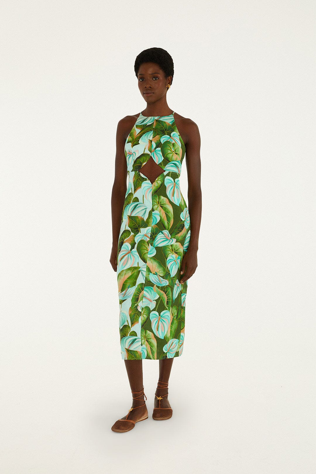 Green Anthurium Leaves Cut-Out Midi Dress