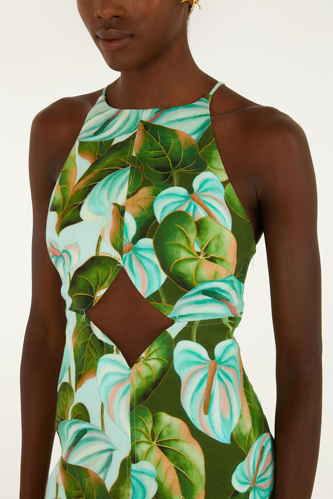 Green Anthurium Leaves Cut-Out Midi Dress