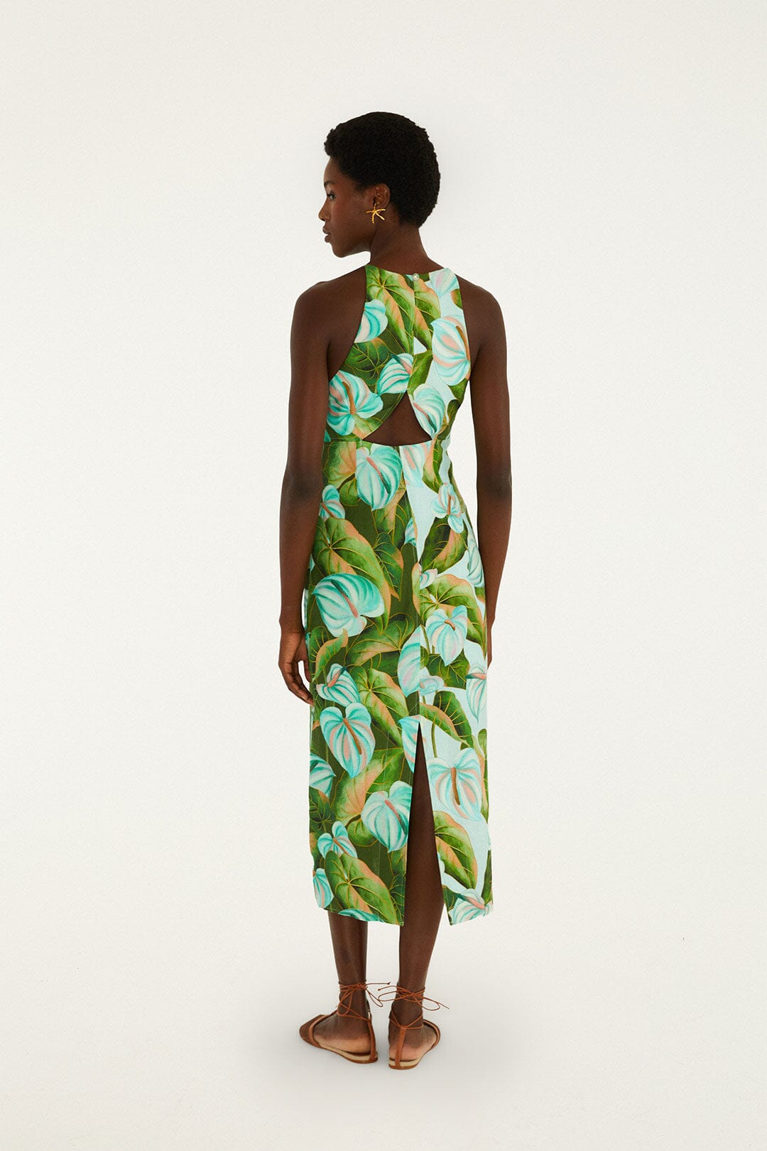 Green Anthurium Leaves Cut-Out Midi Dress