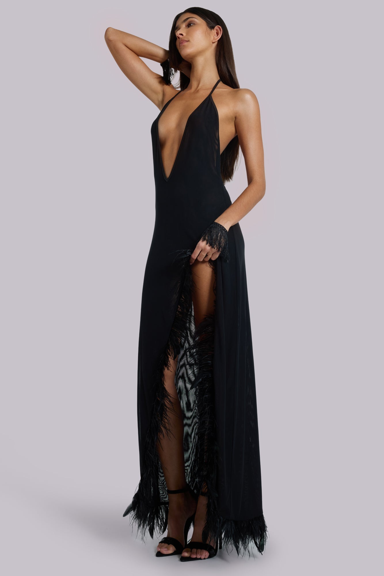 Ravenna Backless Halter Maxi Dress with Feathers