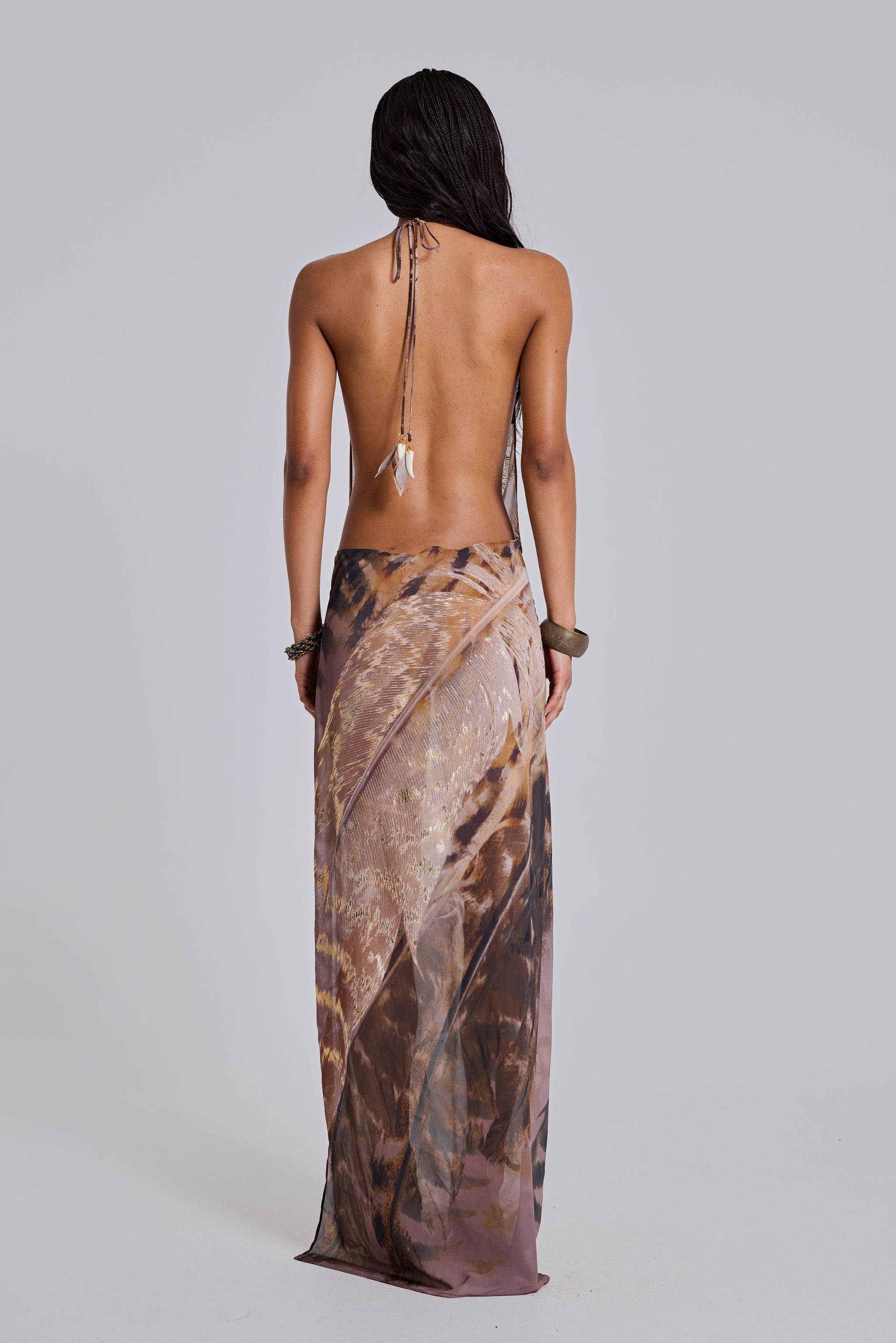 Alameda Metallic Cowl Backless Chiffon Maxi Dress