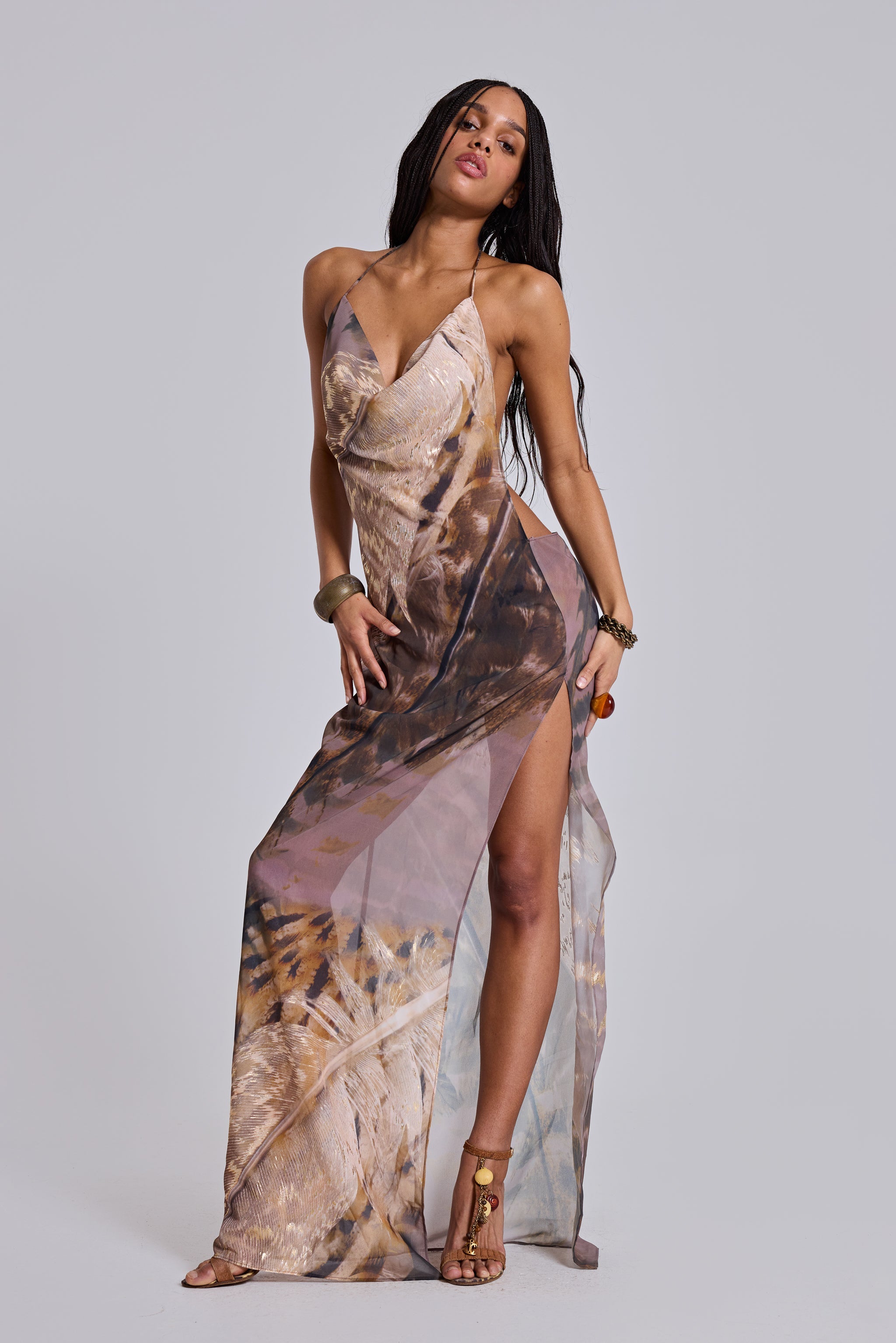 Alameda Metallic Cowl Backless Chiffon Maxi Dress