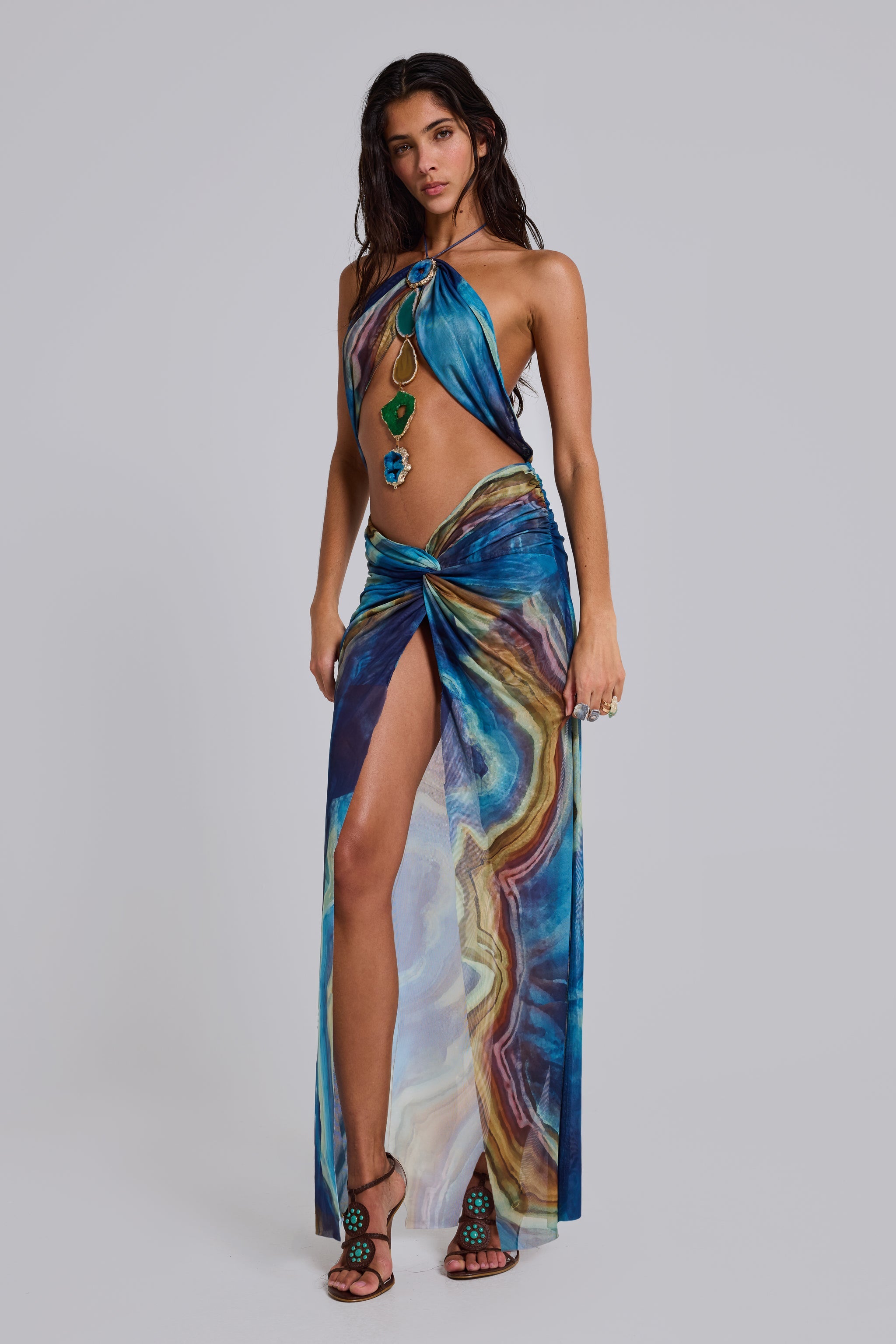 Quartz Halter Maxi Dress with Crystals