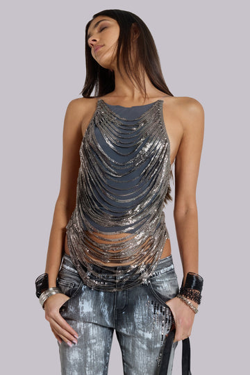 Strings Attached Backless Top in Chainmail