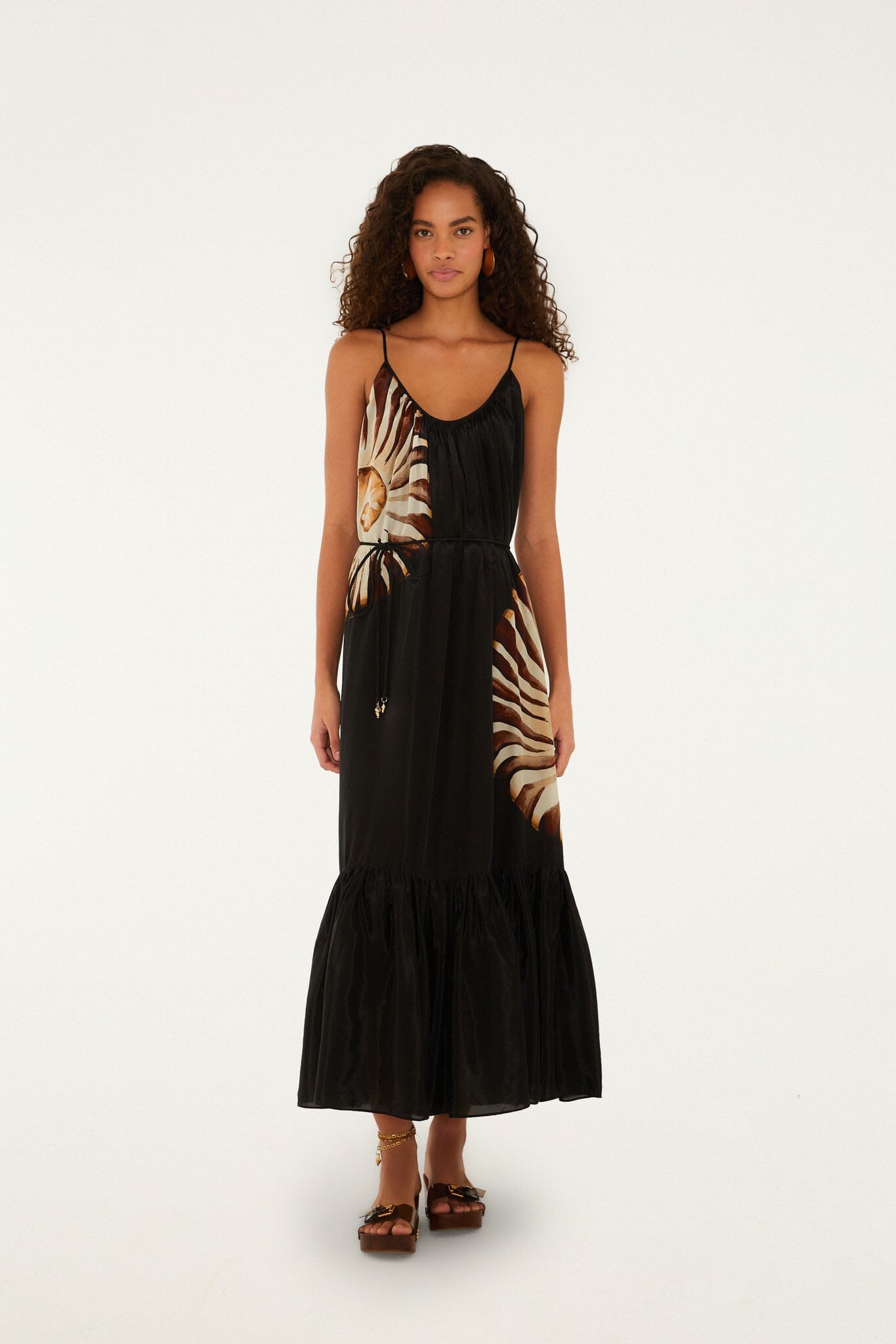 Black Ammonite Belted Pockets Open Back Maxi Dress