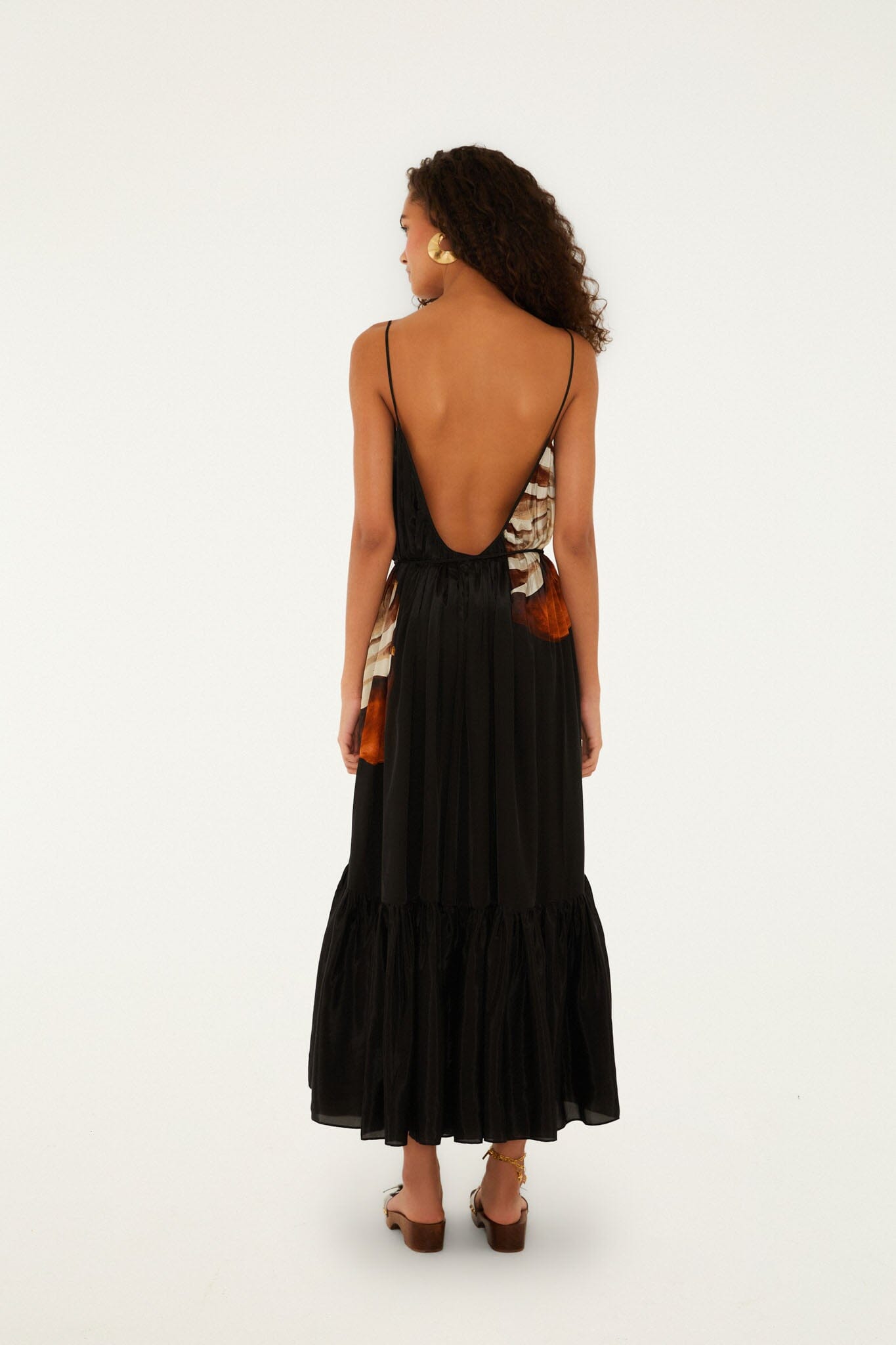 Black Ammonite Belted Pockets Open Back Maxi Dress