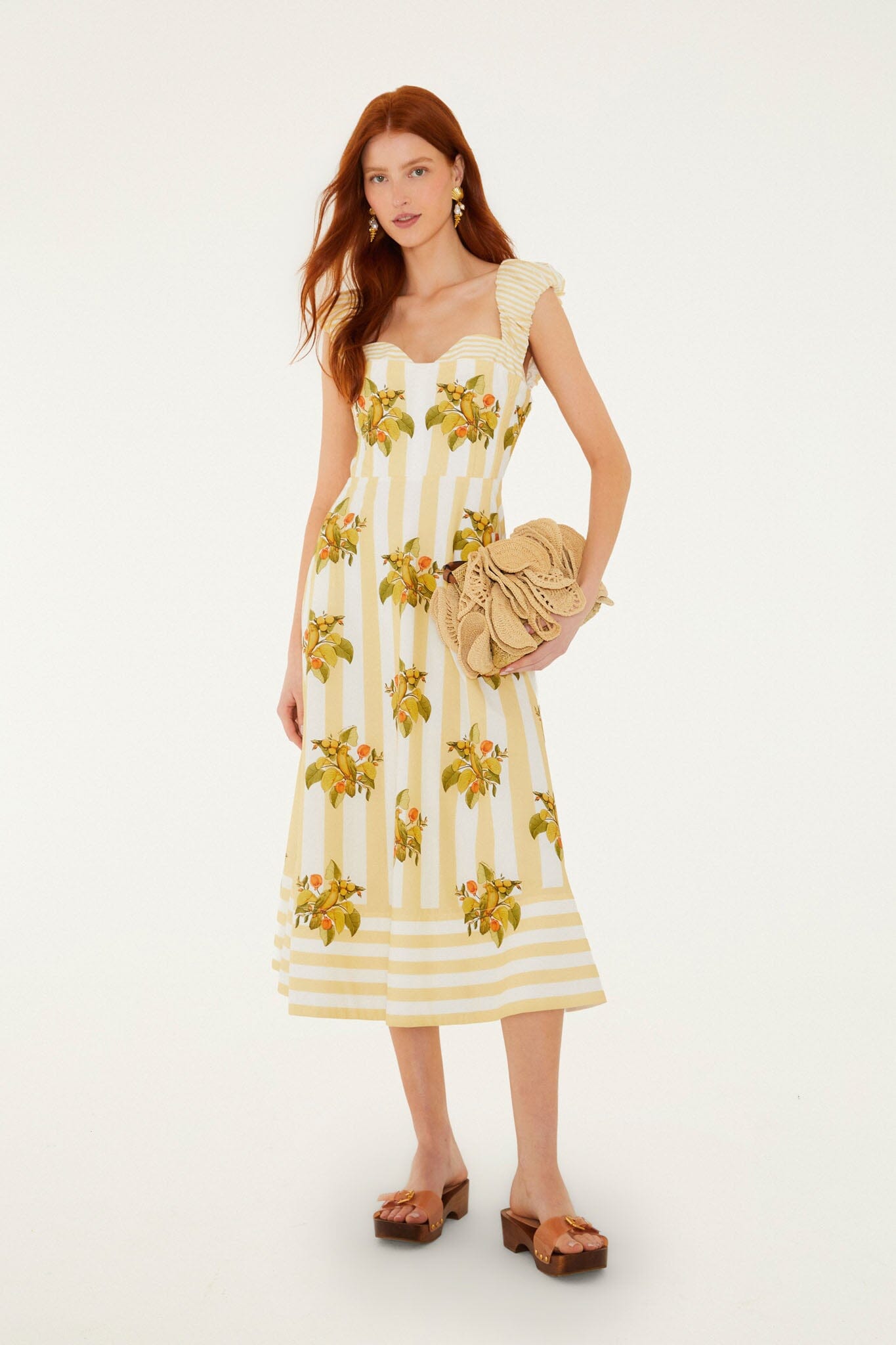 Yellow Lemon Birds Sweetheart Neck Midi Dress