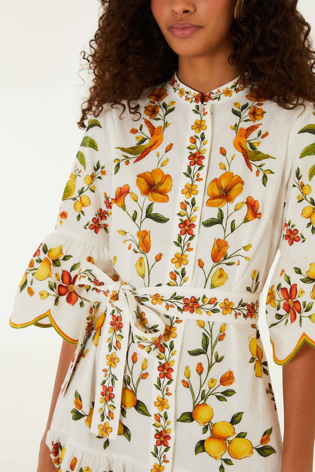 Off-White Lemon Bouquet Belted Puff Sleeve Mini Dress