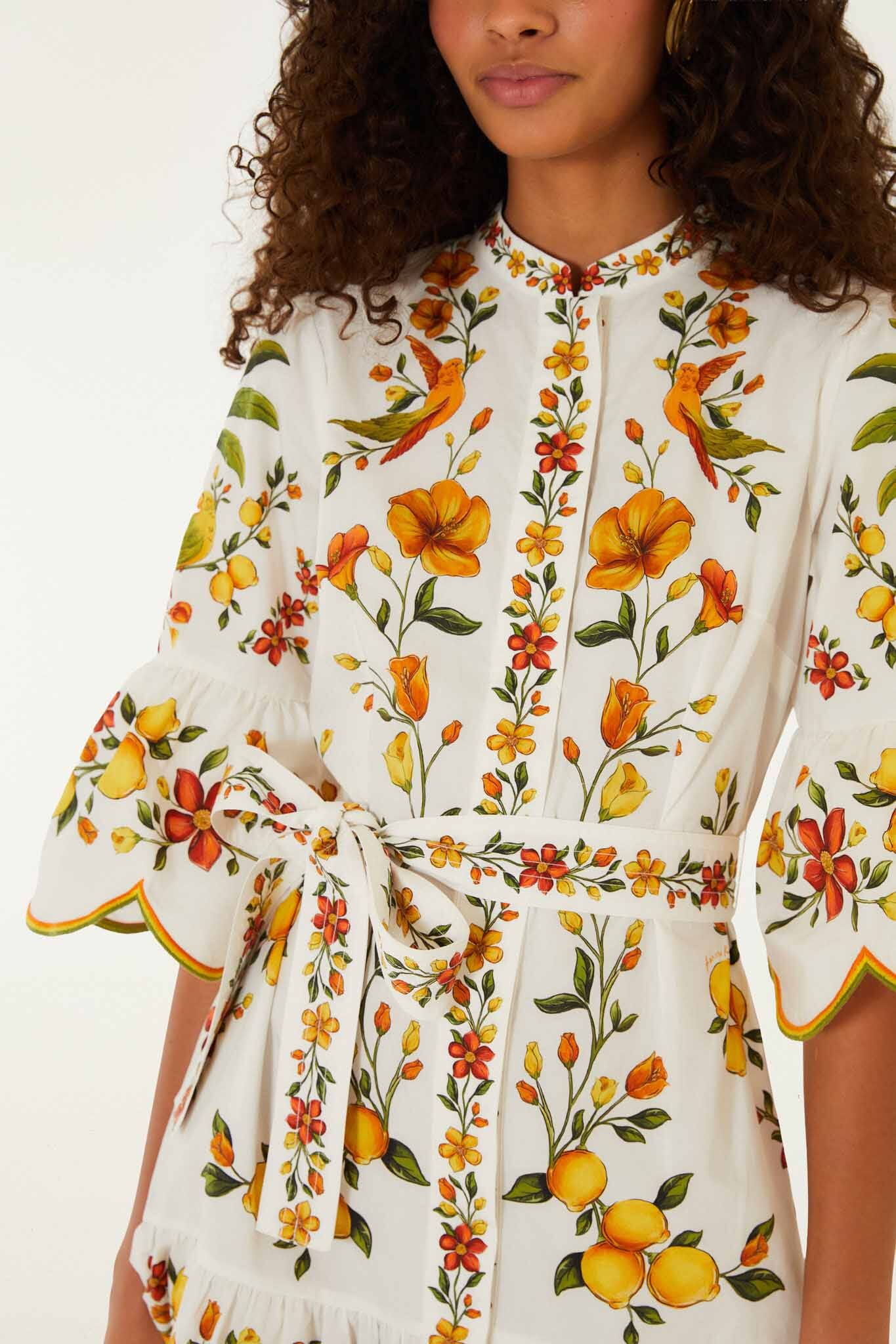 Off-White Lemon Bouquet Belted Puff Sleeve Mini Dress