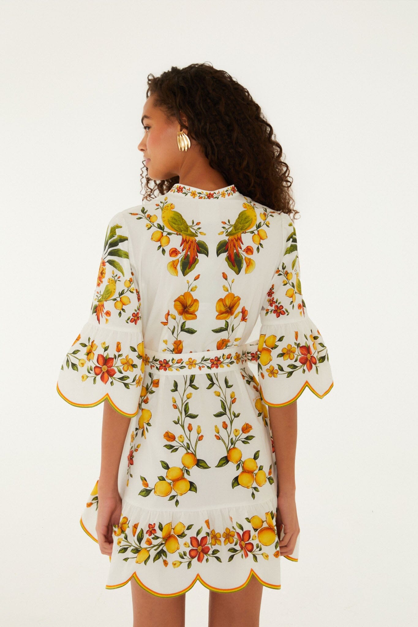 Off-White Lemon Bouquet Belted Puff Sleeve Mini Dress