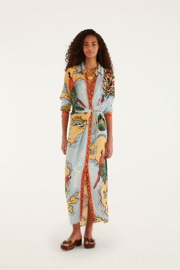 Multicolor Beaches Path Collared Buttoned Maxi Dress