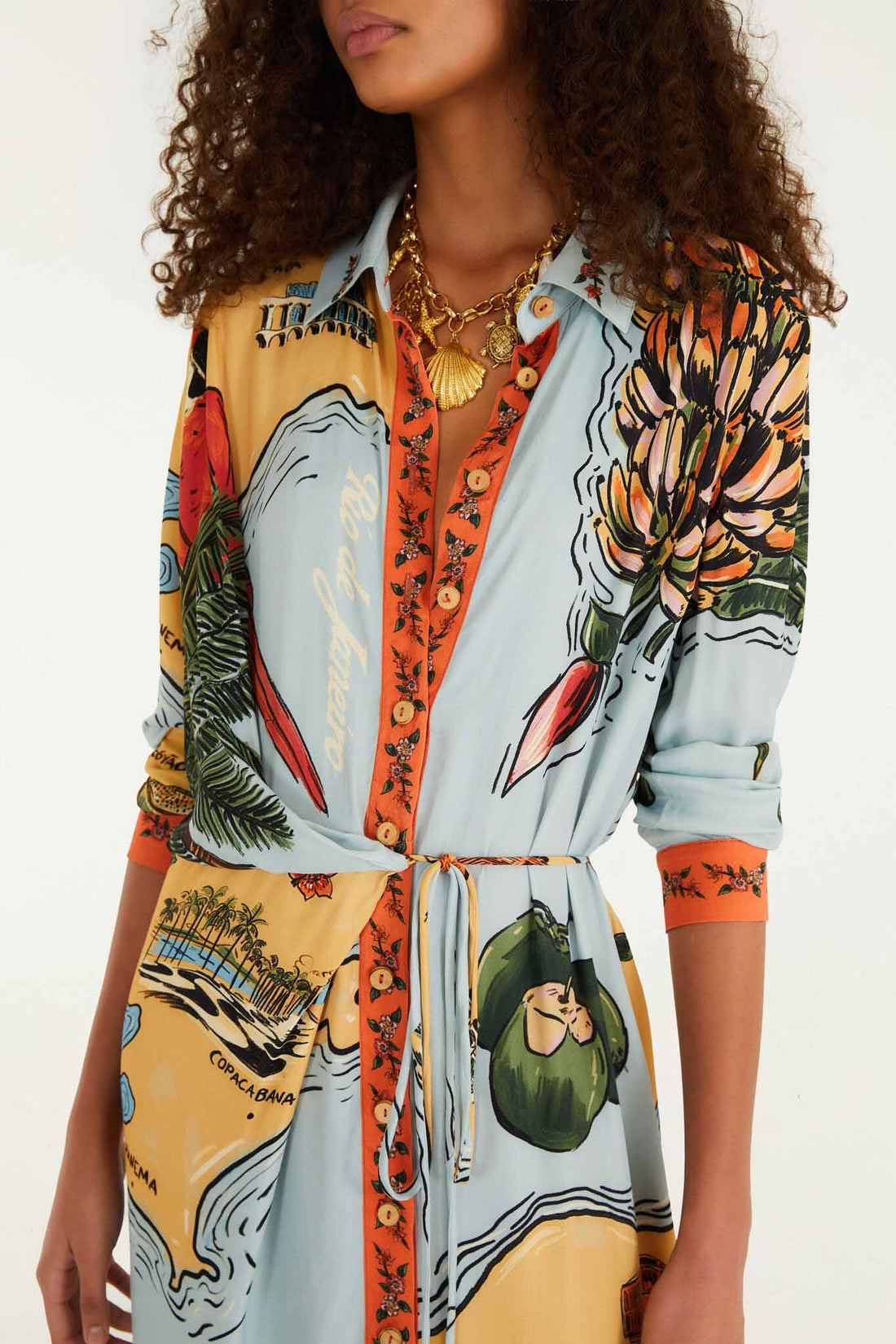Multicolor Beaches Path Collared Buttoned Maxi Dress