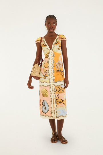 Multicolor Rio Souvenir Scarves Satin Midi Dress