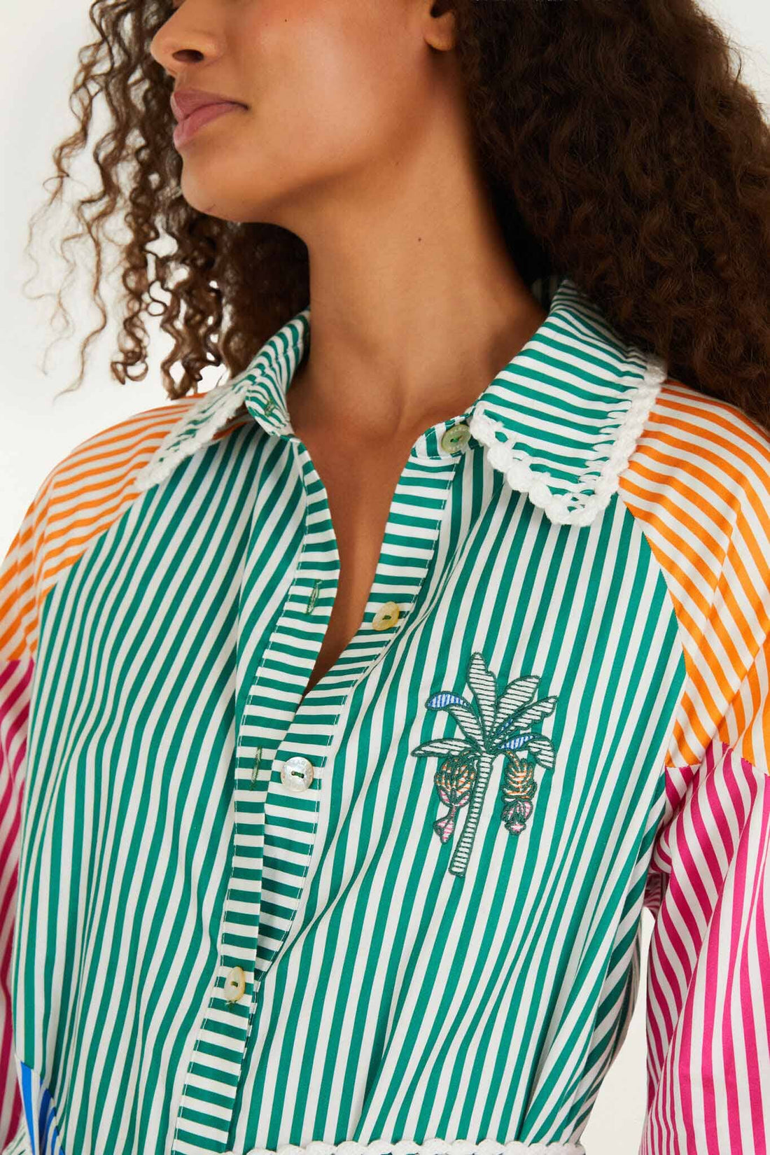 Multicolor Stripes Embroidered Belted  Midi Dress