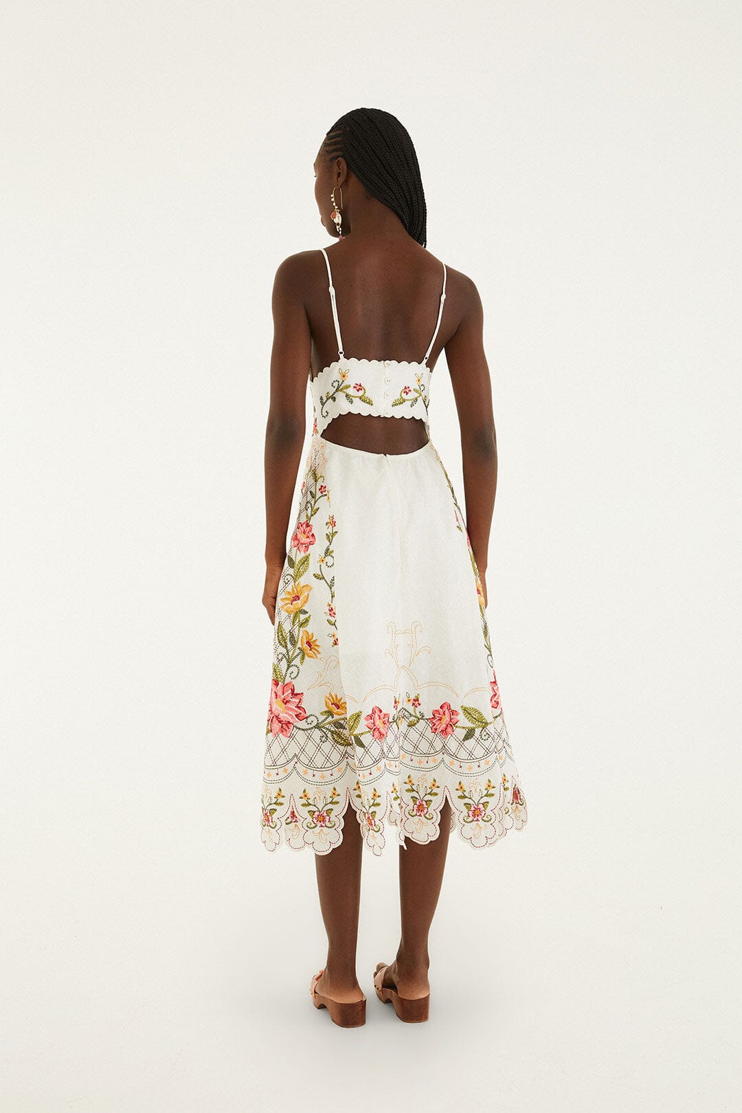 Off-White Flower Embroidery Asymetric Hem Midi Dress