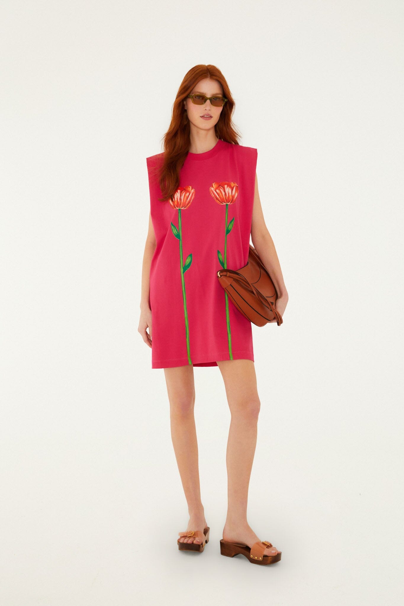 Pink Tropical Rose Padded Shoulders  Mini Dress