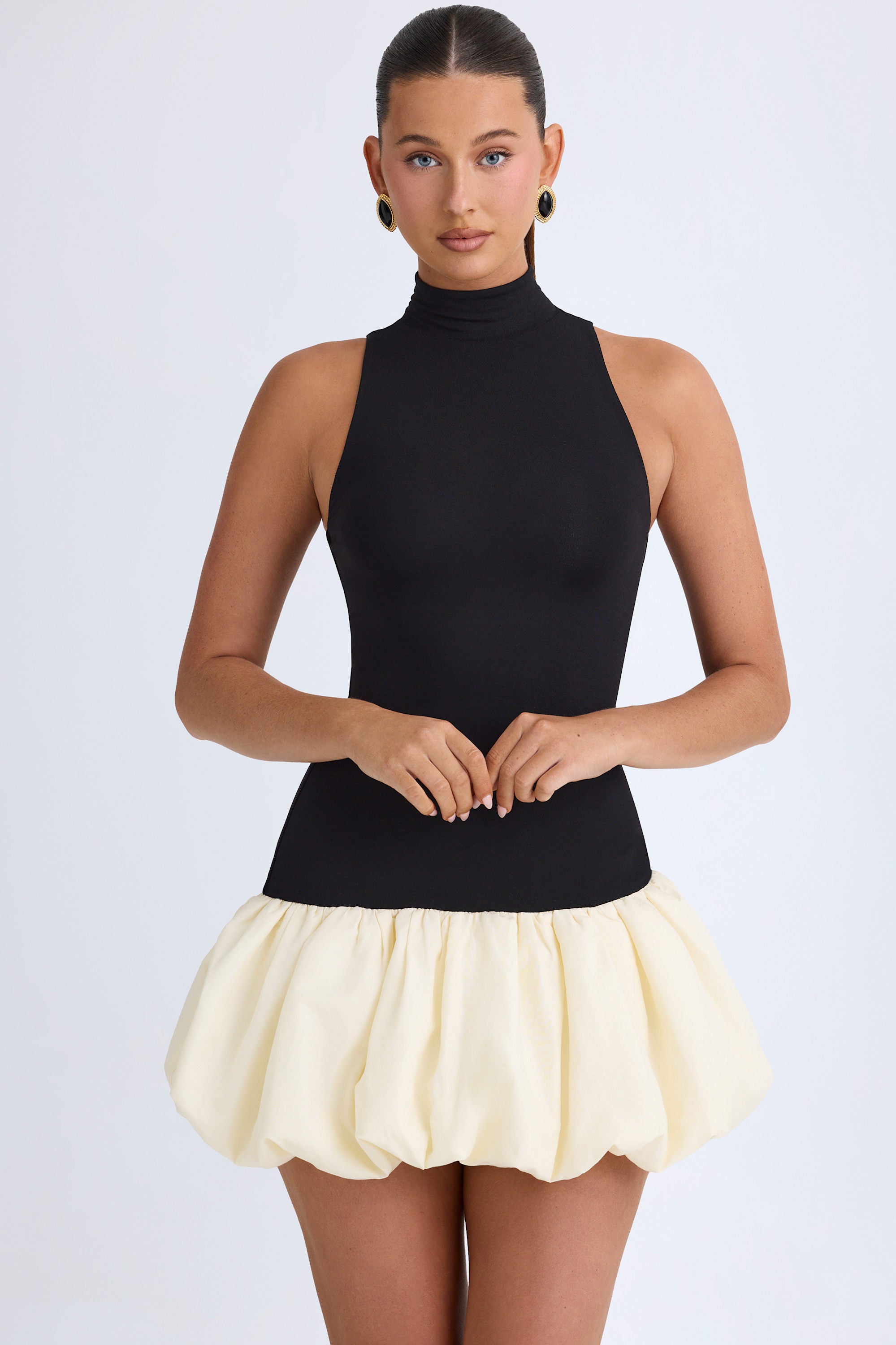 Modal Turtleneck Drop-Waist Bubble Hem Mini Dress in Black
