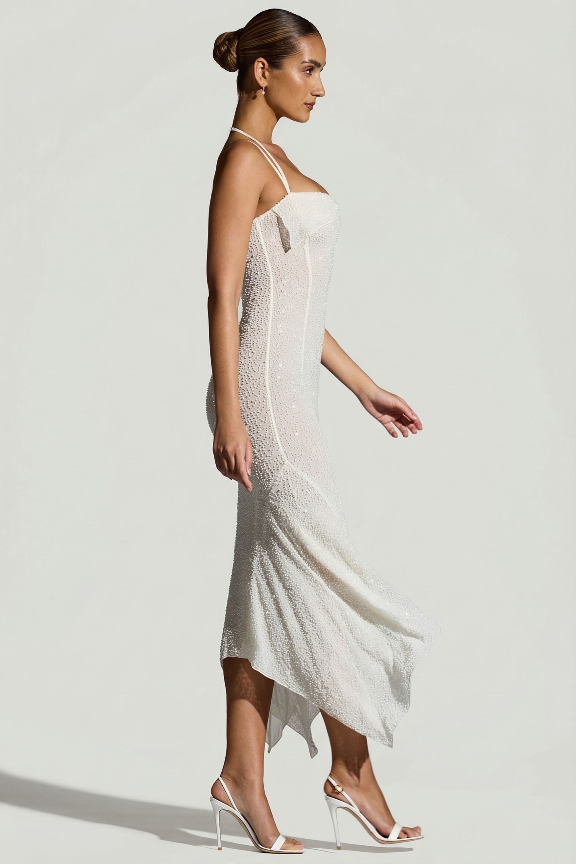 Embellished Handkerchief Hem Maxi Dress in White