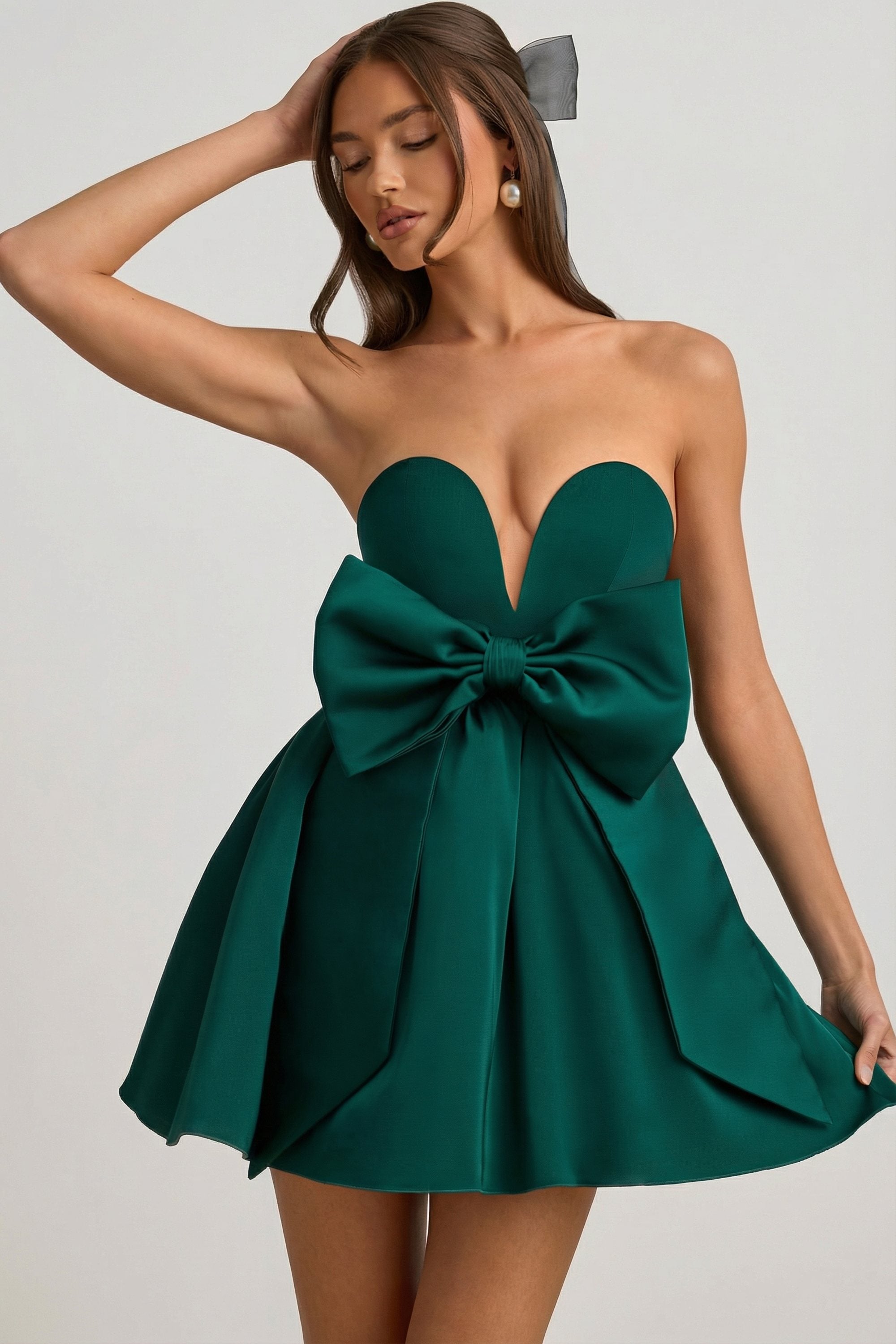 Bow-Detail Corset Mini Dress in Emerald Green