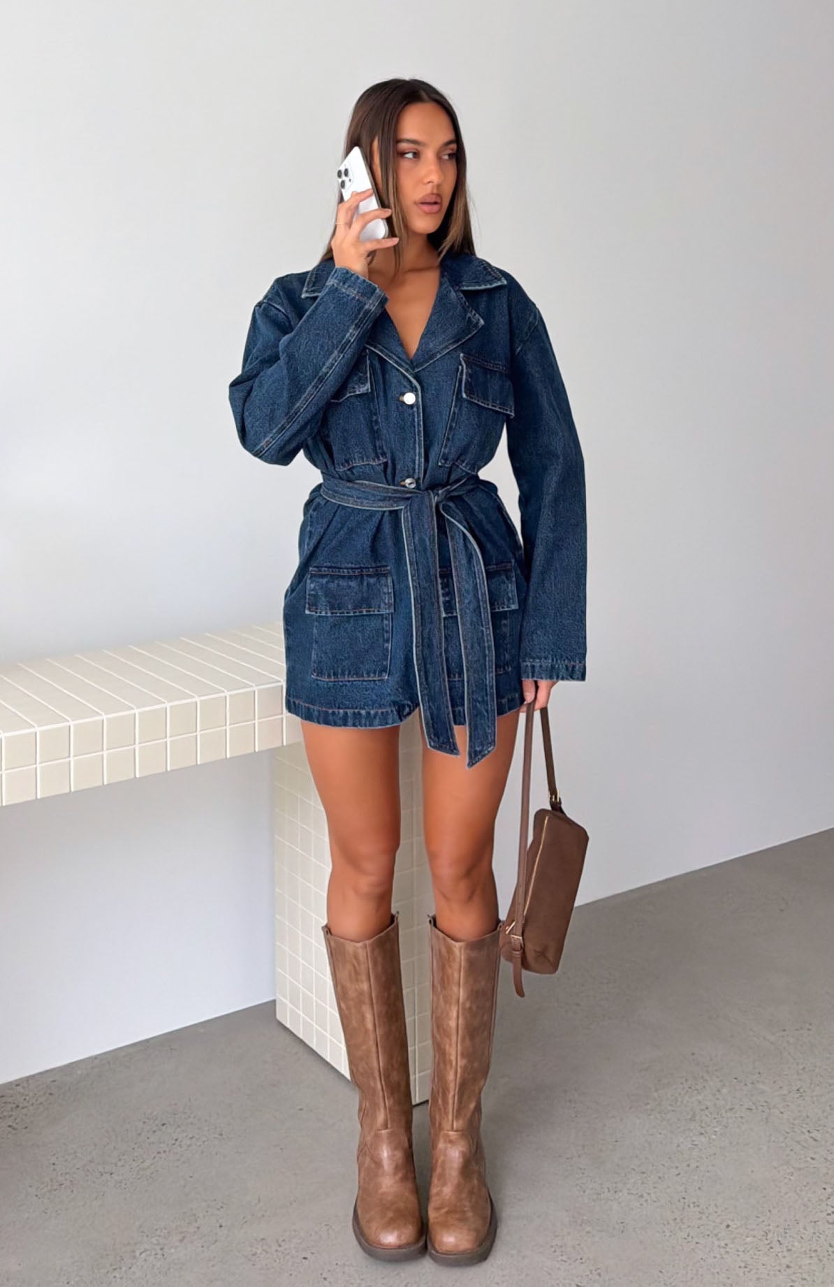 Freefall Romance Long Sleeve Denim Dress Dark Blue Wash