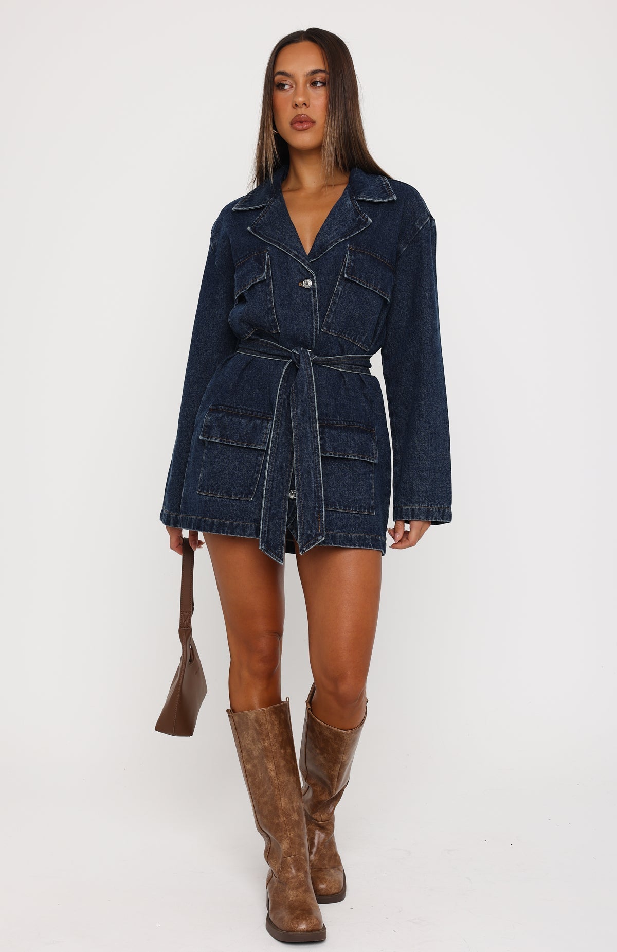 Freefall Romance Long Sleeve Denim Dress Dark Blue Wash