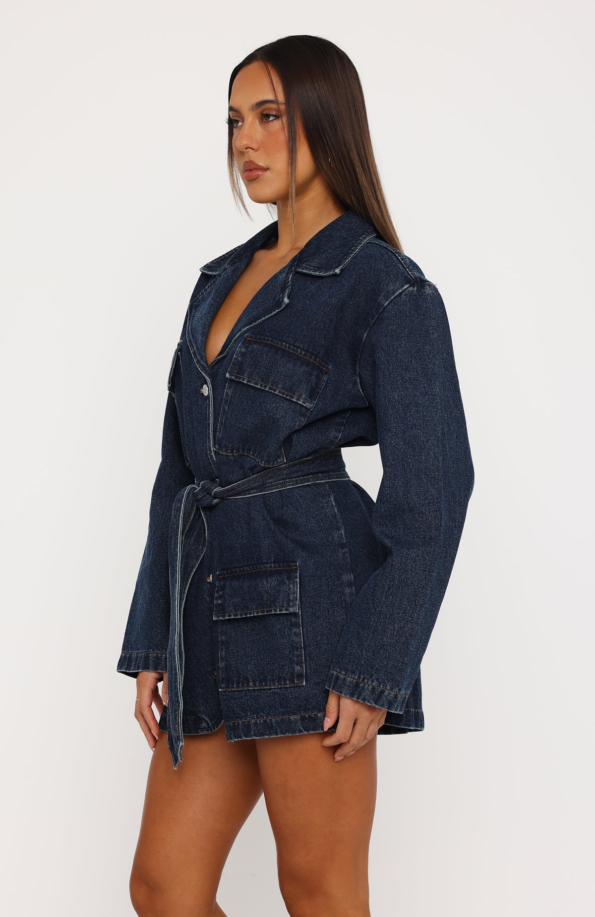 Freefall Romance Long Sleeve Denim Dress Dark Blue Wash