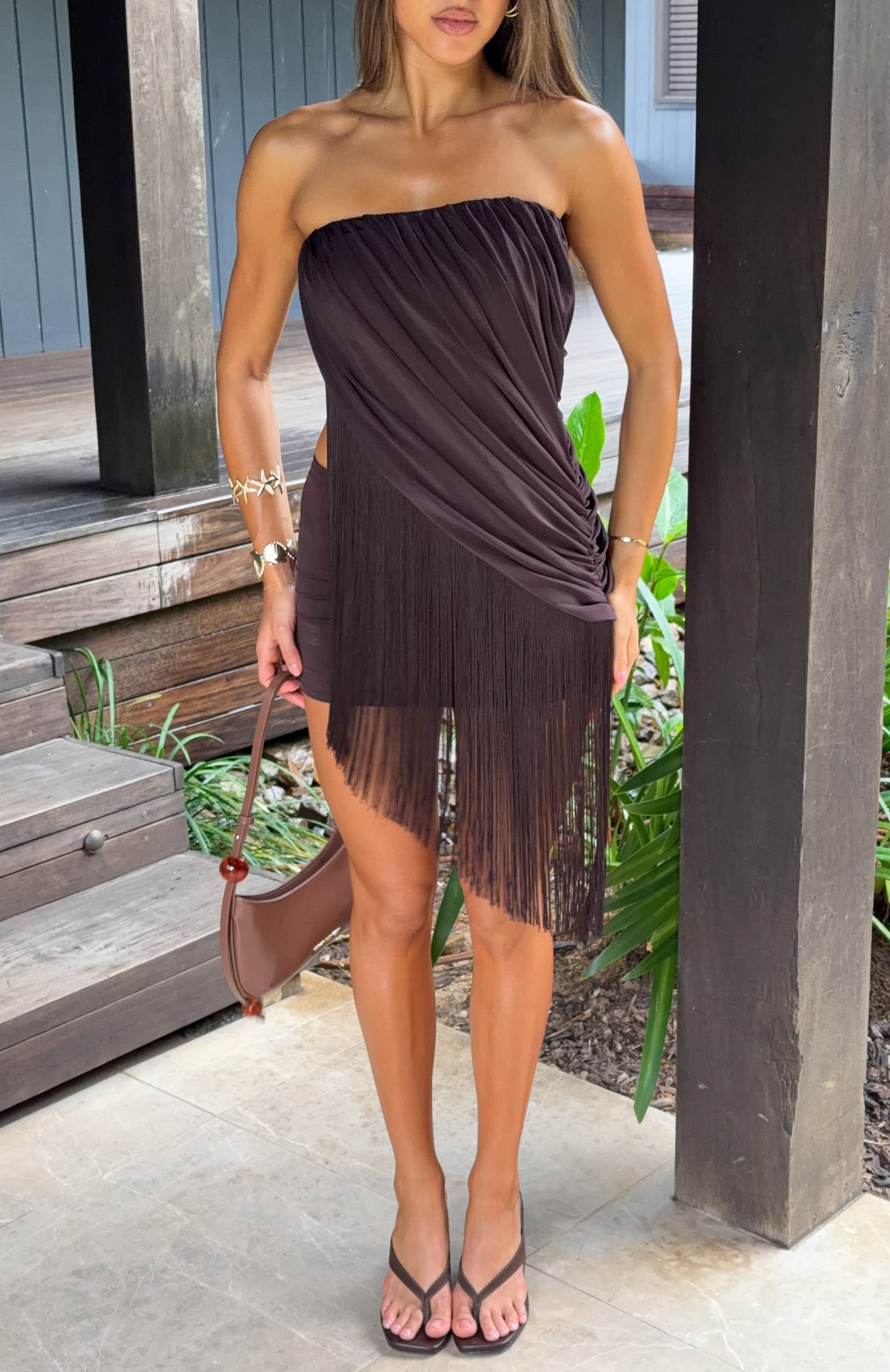 Man I Need Strapless Fringe Mini Dress Chocolate